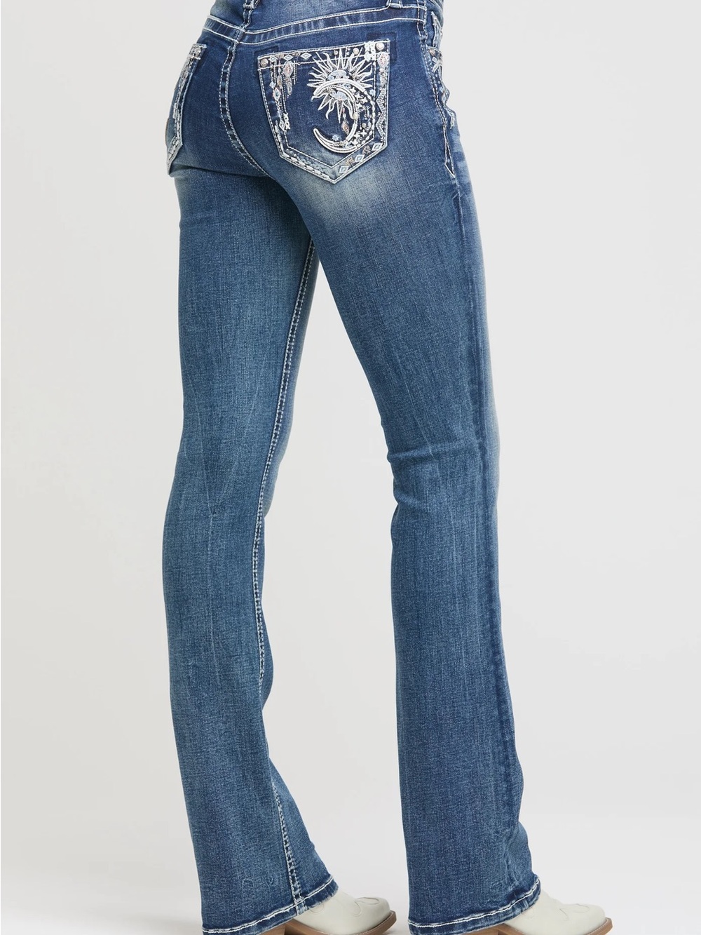 Grace in LA Dark Blue Bootcut Jeans with Embroidered Celestial Back Pocket - Picture 2 of 3